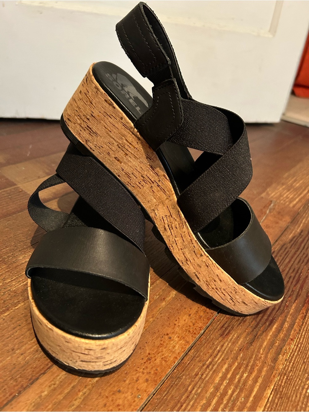 Sorel Black Cork Platform Sandals with Elastic Crossover Straps - Picture 4 of 7